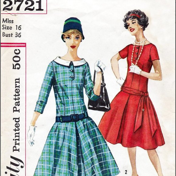 1960s Drop Waist Day Dress Pattern, Simplicity 2721, 36" Bust, Peter Pan Collar - Picture 2 of 8